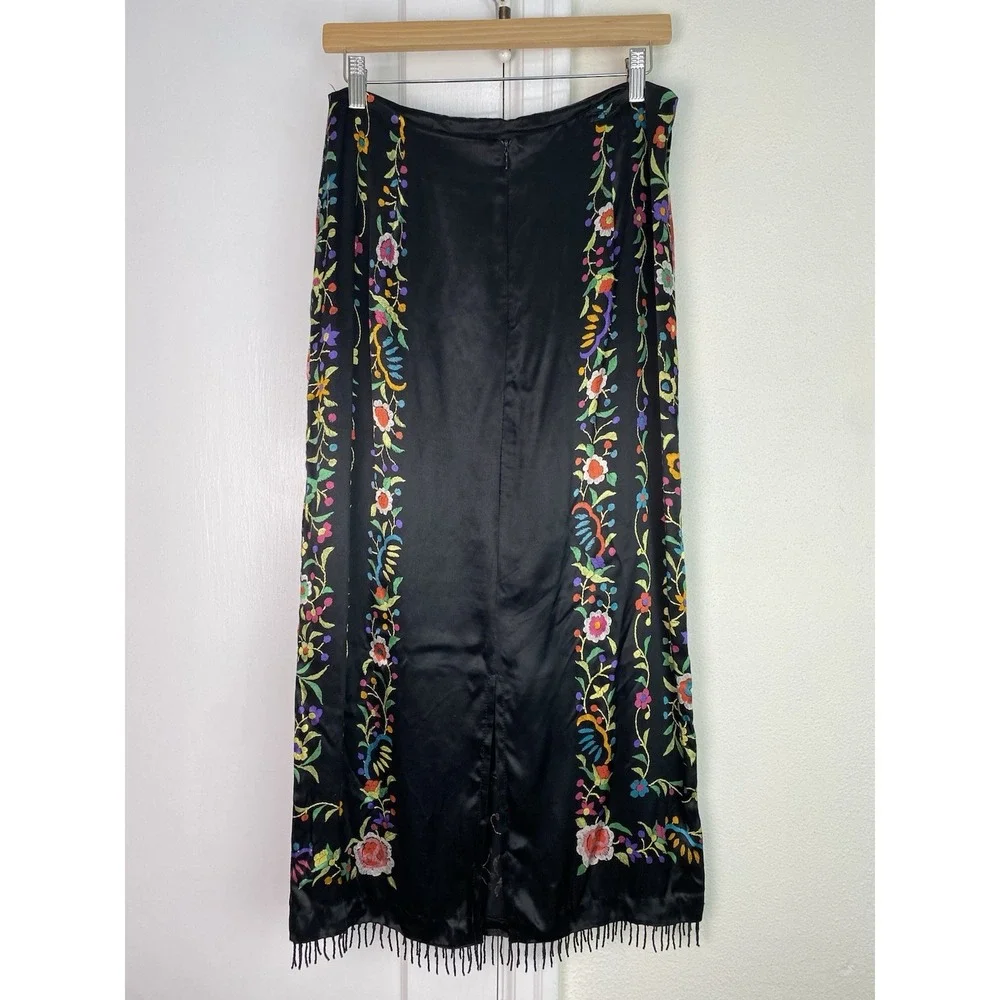 Clio Women's 12 Black Colorful Satin Floral Bird Beaded Fringe Maxi Skirt